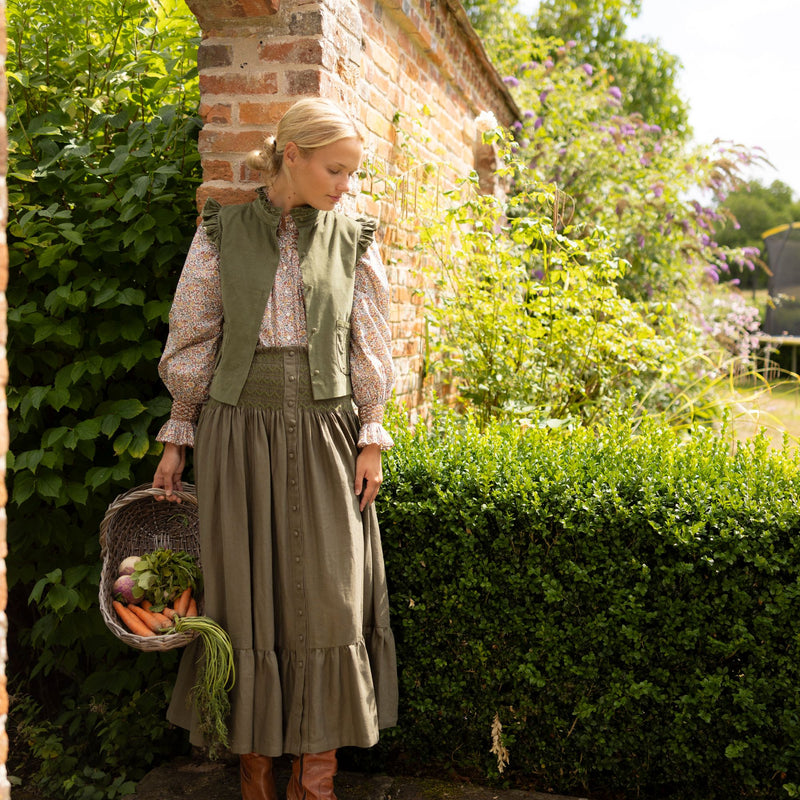 Mary Seacole Women's Skirt Oak Leaf Linen with Moss Hand Smocking