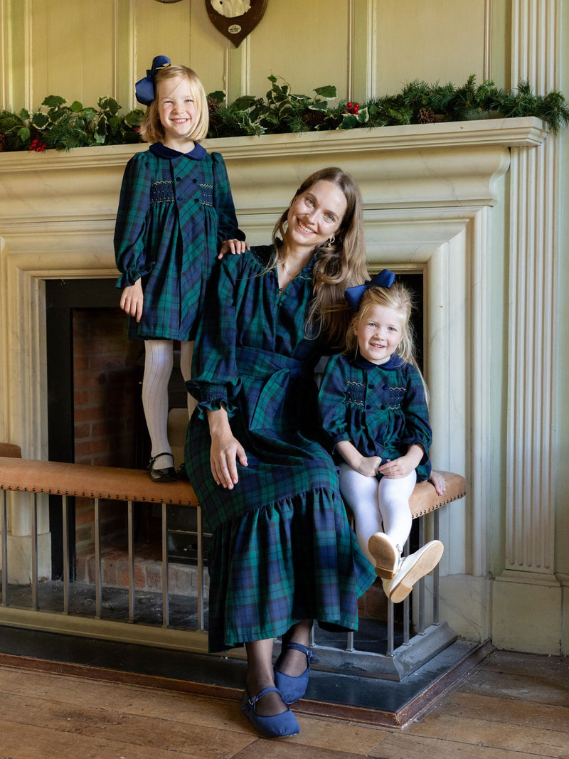 Margaret Thatcher Dress Black Watch Tartan with Golden Glimmer Hand Smocking