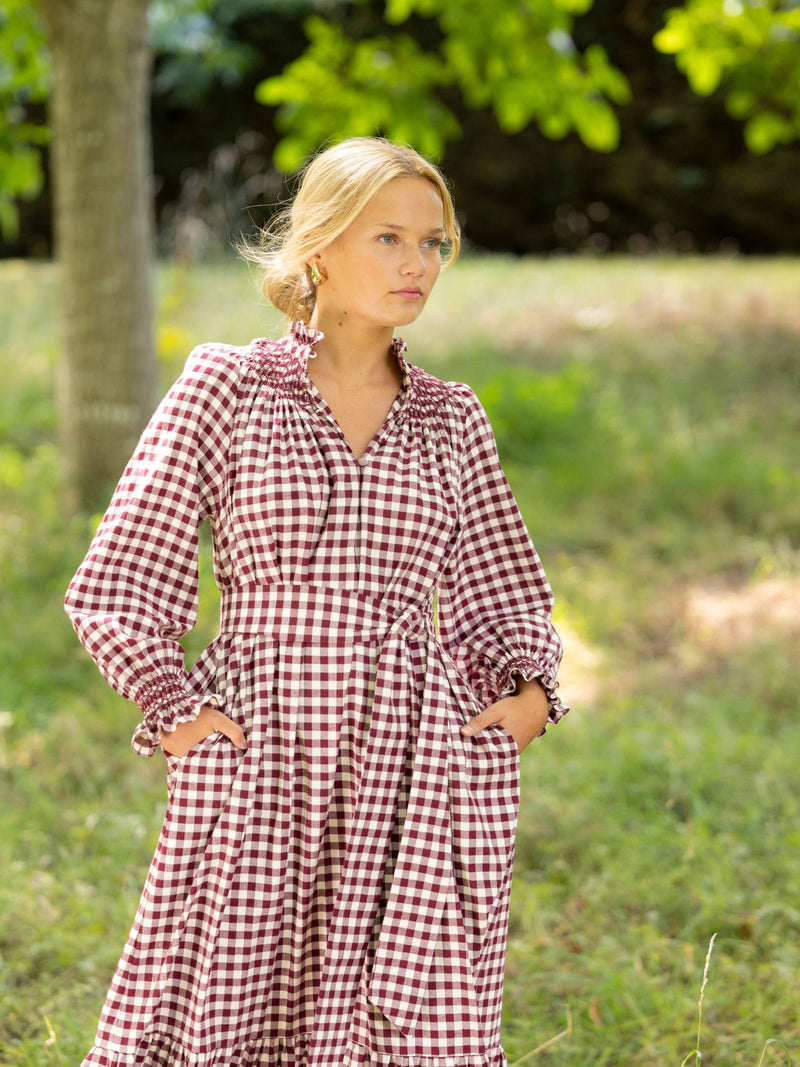 Colette Dress Mulled Wine Gingham Brushed Cotton with Spiced Cinnamon Hand Smocking