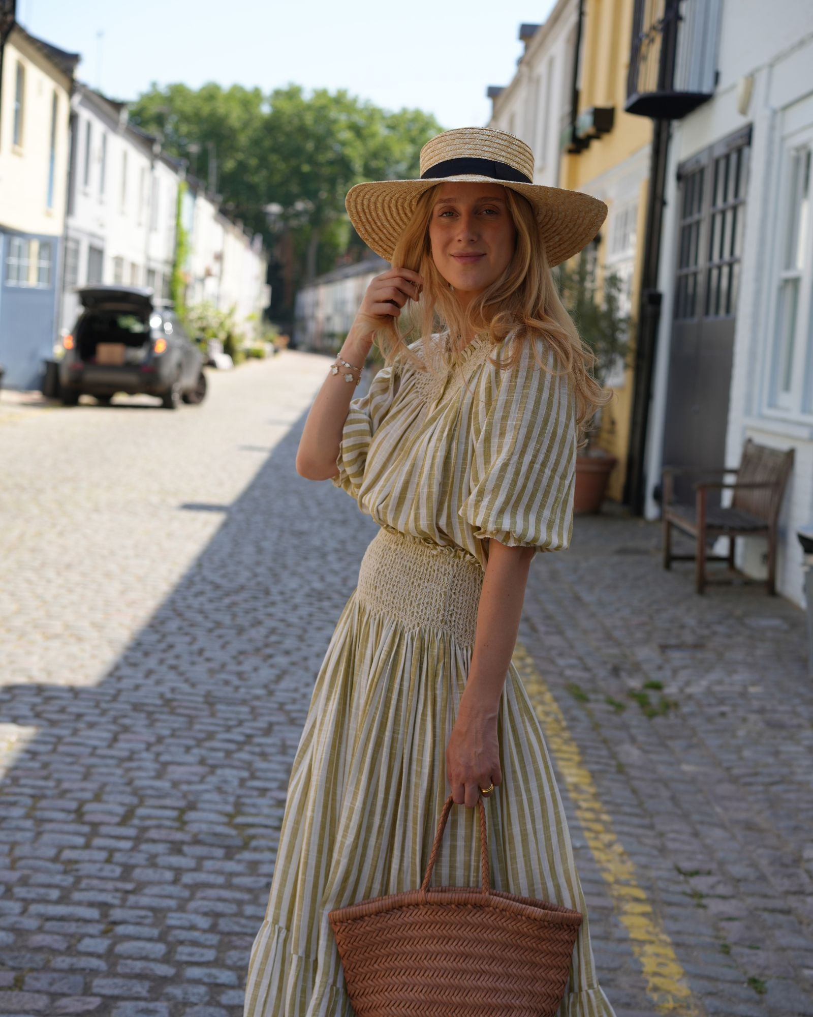 Domenica Marland x Smock London Cleopatra Blouse Pistachio Stripes with Ecru Hand Smocking
