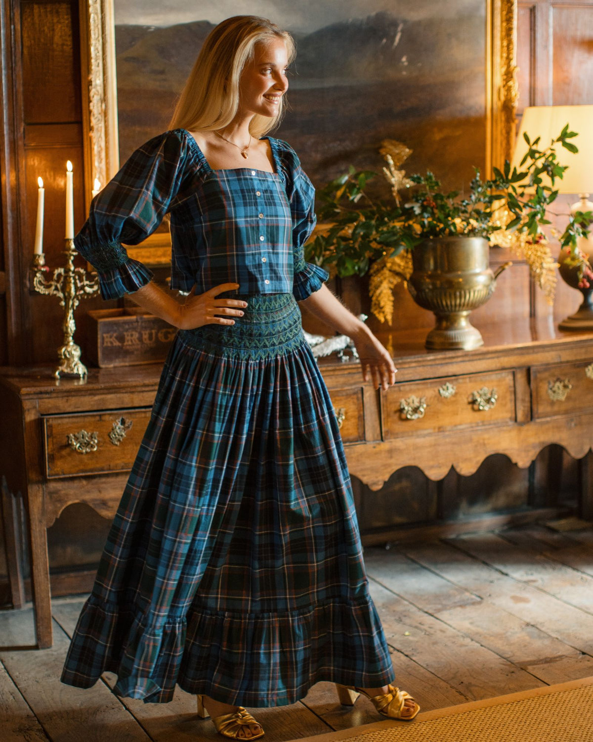 Maxi Sullivan Skirt St Andrews Tartan with Holly Leaf Hand Smocking