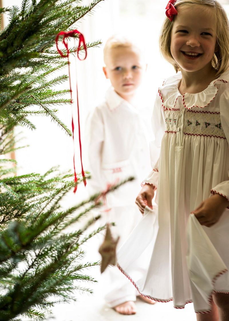2-3y Samantha Varvel x Smock London Nightingale Girls Dress Moonstone White with Candy Cane Trim and Holly Hand Smocking