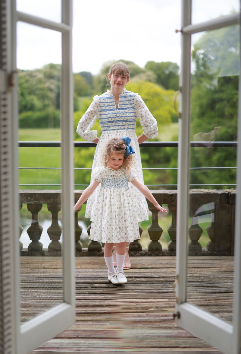 Emmeline Pankhurst Dress Brunnera Blooms with Forget Me Not Hand Smocking