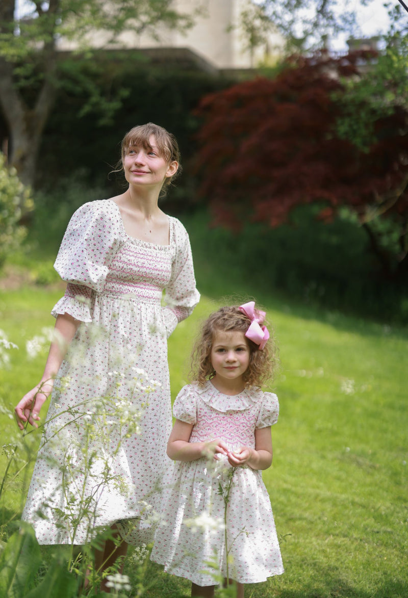 Josefine Butler Dress Rosebud Plumetti with Vintage Rose Hand Smocking