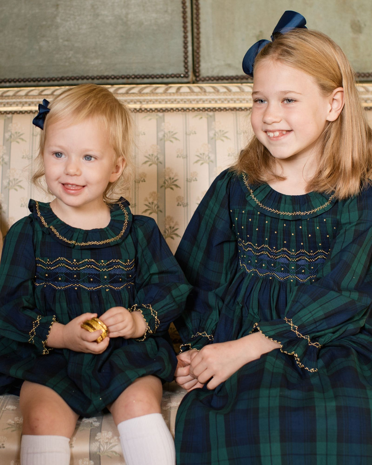 Jane Austen Romper Blackwatch Tartan with Midnight Star Hand Smocking