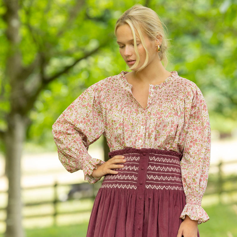Cleopatra Blouse with Hedgerow Haze Hand Smocking made with Liberty Poppies and Daisies Edition 30