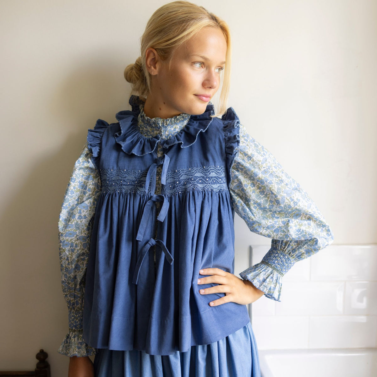 Large Edith Wharton Waistcoat Cornflower Needlecord with Chambray Hand Smocking Edition 2