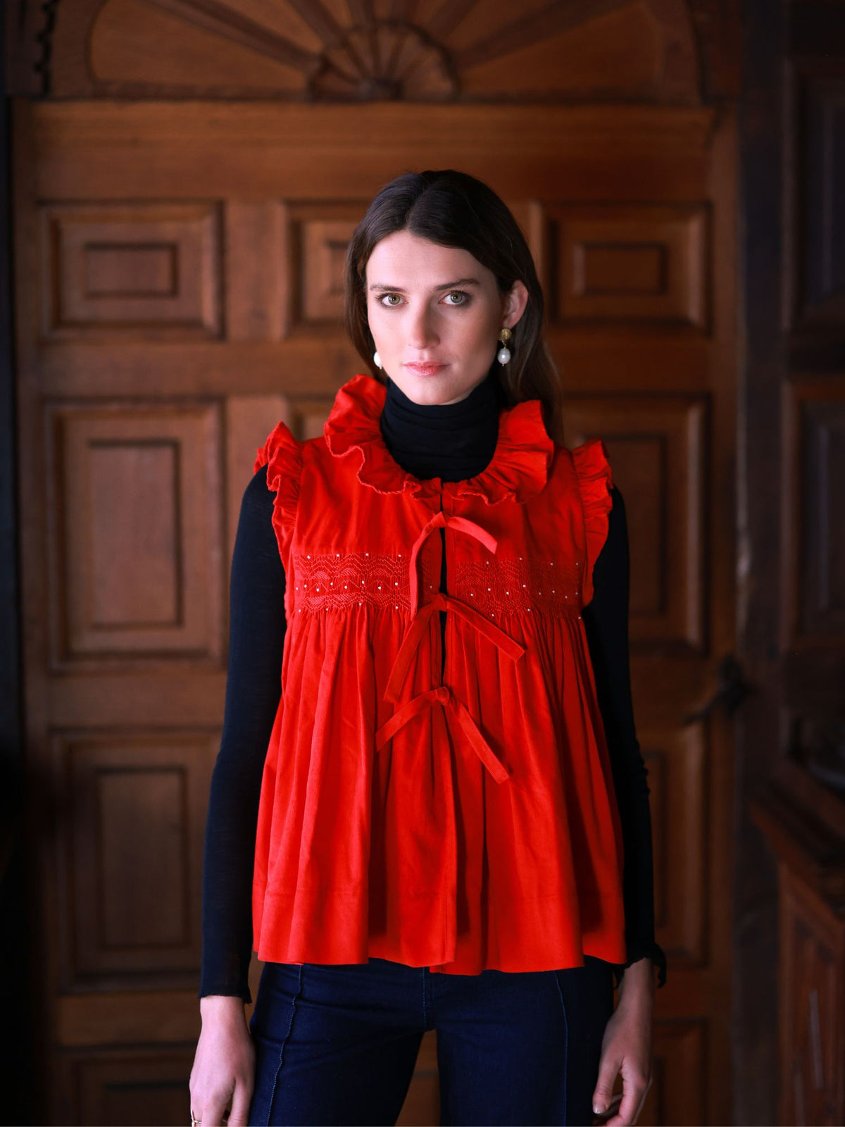 Edith Wharton Waistcoat Scarlet Needlecord with Peppermint Drop Hand Smocking Edition 3