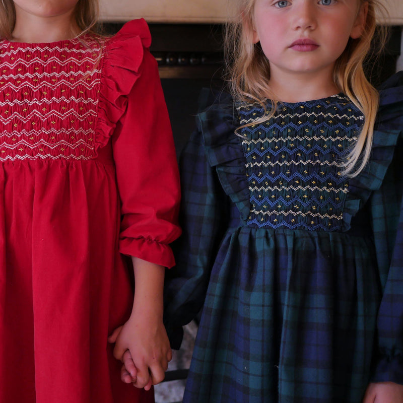 Anna Pavlova Dress Blackwatch Tartan with Royal Blue Smocking
