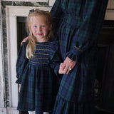 Anna Pavlova Dress Blackwatch Tartan with Royal Blue Smocking