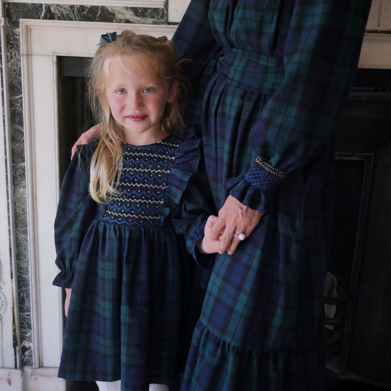 Anna Pavlova Dress Blackwatch Tartan with Royal Blue Smocking