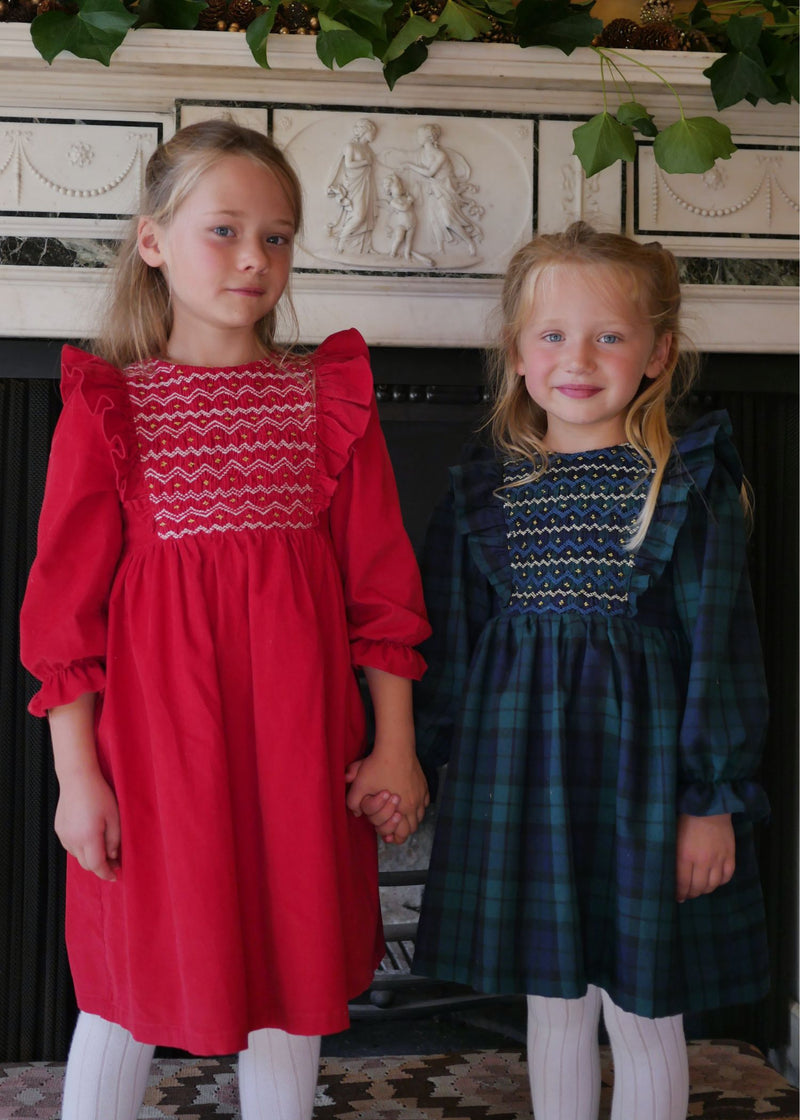 Anna Pavlova Dress Blackwatch Tartan with Royal Blue Smocking