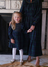 Anna Pavlova Dress Blackwatch Tartan with Royal Blue Smocking