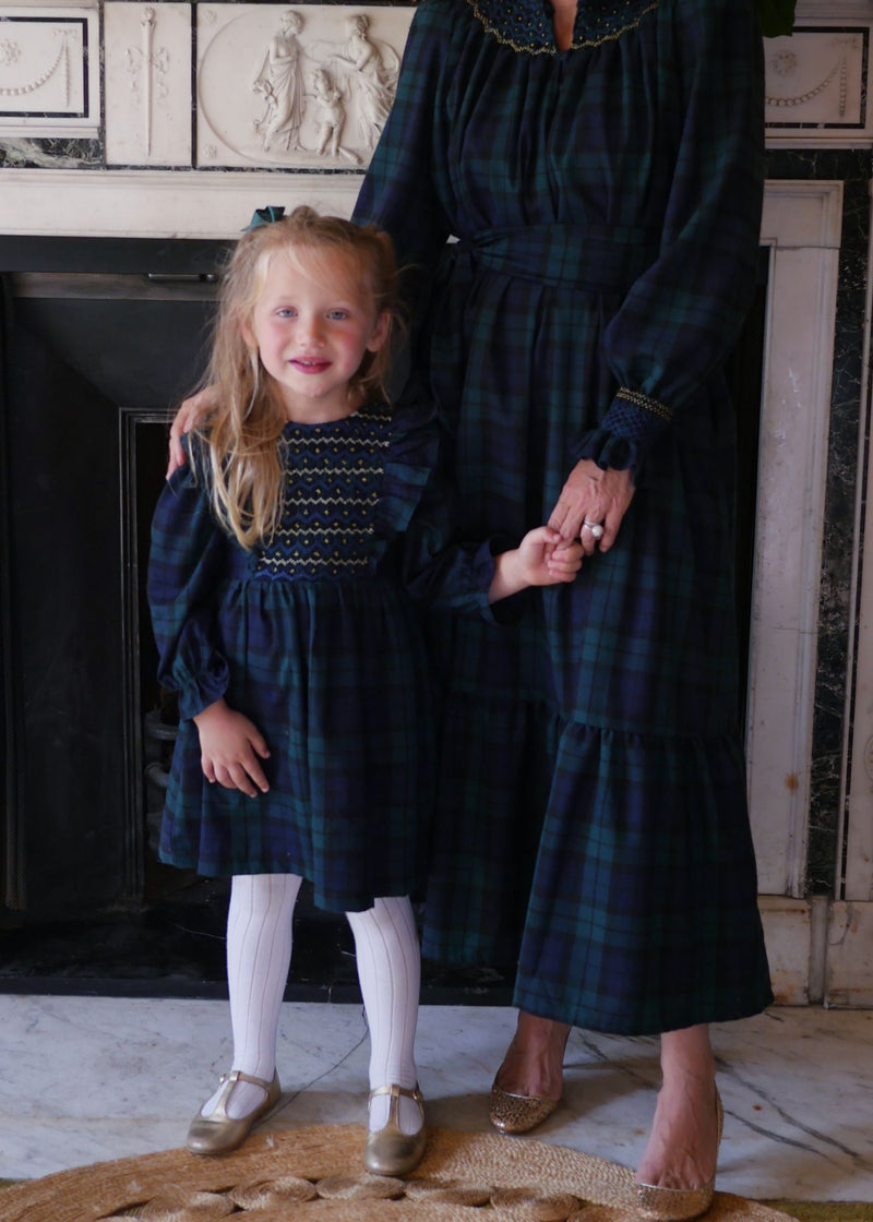 Anna Pavlova Dress Blackwatch Tartan with Royal Blue Smocking