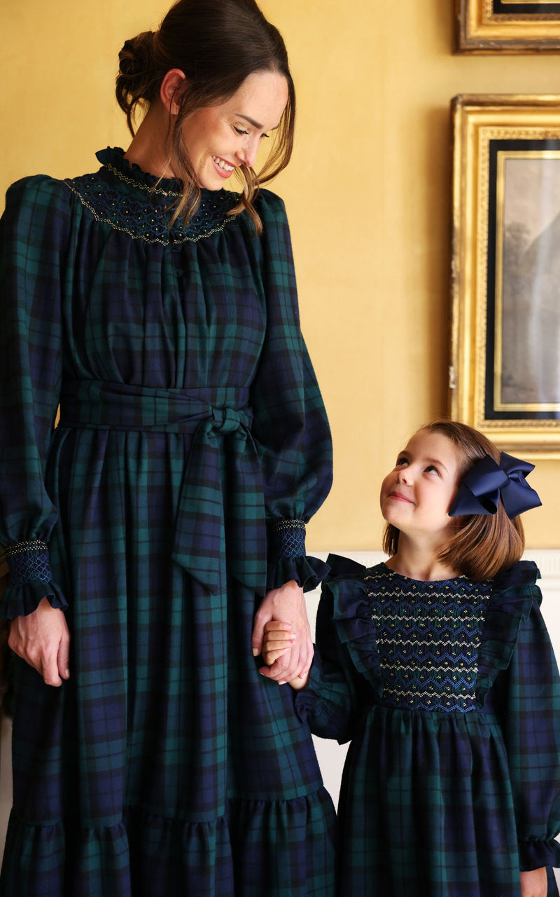 Anna Pavlova Dress Blackwatch Tartan with Royal Blue Smocking