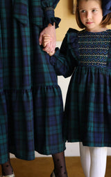 Anna Pavlova Dress Blackwatch Tartan with Royal Blue Smocking