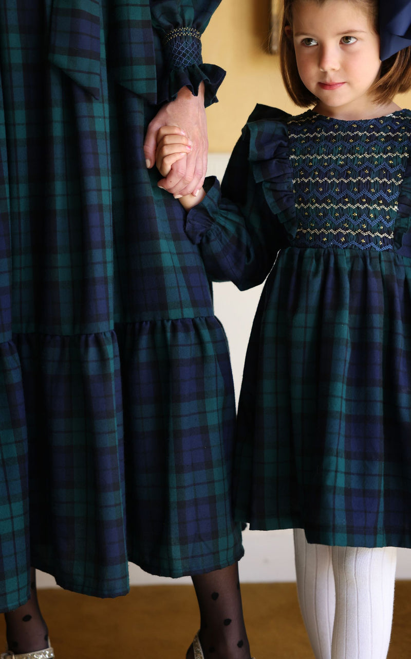 Anna Pavlova Dress Blackwatch Tartan with Royal Blue Smocking