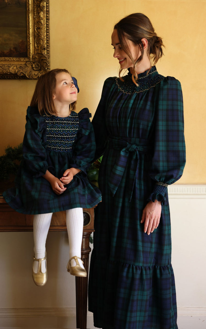 Anna Pavlova Dress Blackwatch Tartan with Royal Blue Smocking