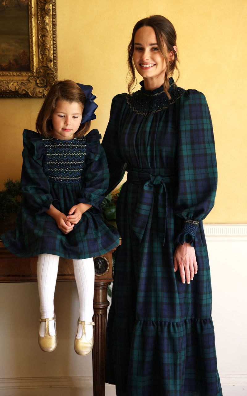Anna Pavlova Dress Blackwatch Tartan with Royal Blue Smocking