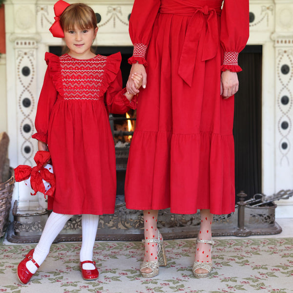 Anna Pavlova Dress Scarlett Needlecord with Golden Gal Smocking