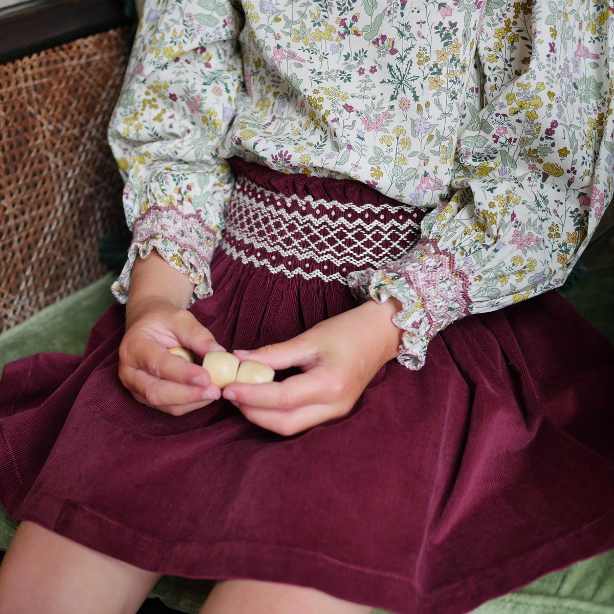 2-3 & 8-10y Annie Sullivan Skirt Mulberry Needlecord with Heather Haze Hand Smocking