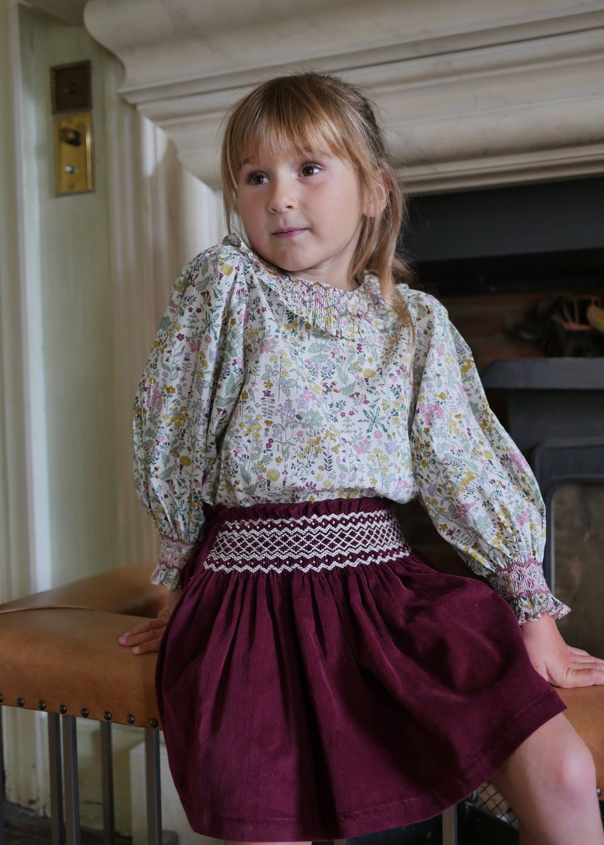 2-3 & 8-10y Annie Sullivan Skirt Mulberry Needlecord with Heather Haze Hand Smocking