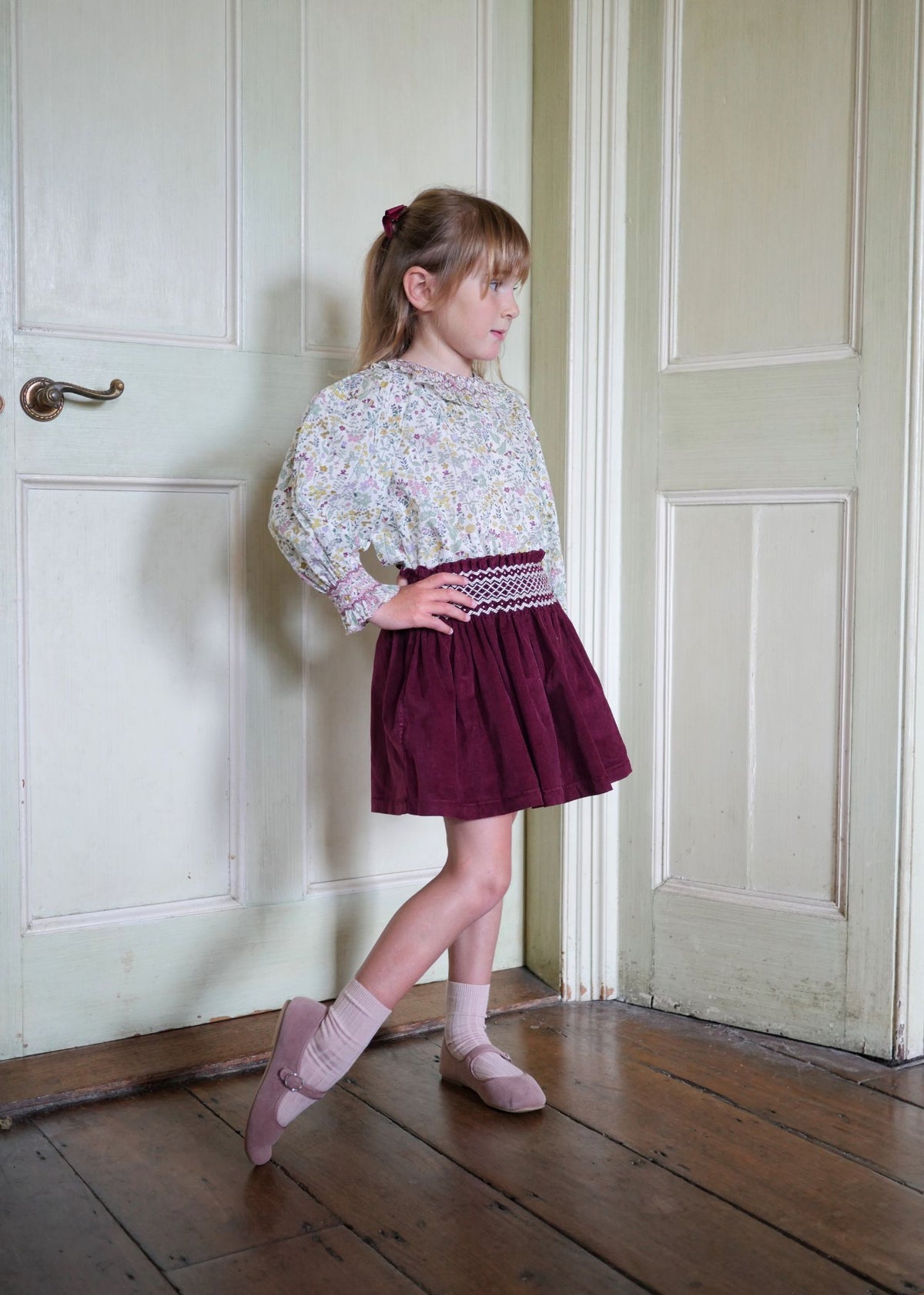 2-3 & 8-10y Annie Sullivan Skirt Mulberry Needlecord with Heather Haze Hand Smocking