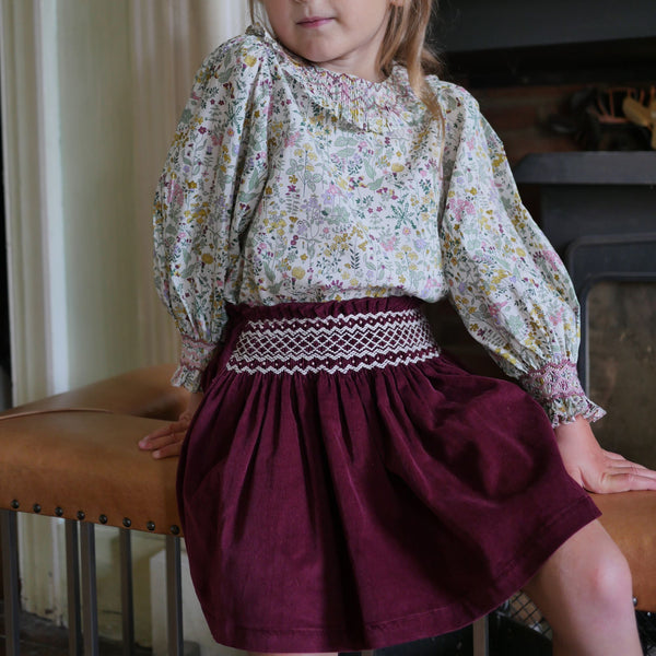 Annie Sullivan Skirt Mulberry Needlecord with Heather Haze Hand Smocking