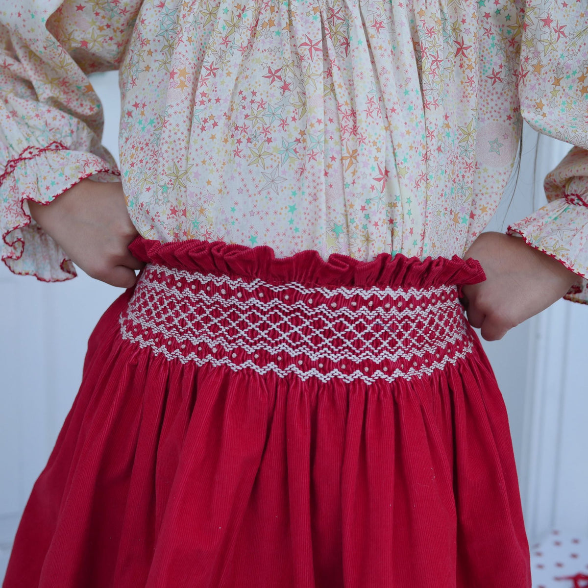 Annie Sullivan Skirt Scarlett Needlecord with Full Moon Hand Smocking