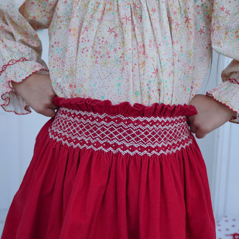 Annie Sullivan Skirt Scarlett Needlecord with Full Moon Hand Smocking