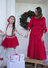 Annie Sullivan Skirt Scarlett Needlecord with Full Moon Hand Smocking