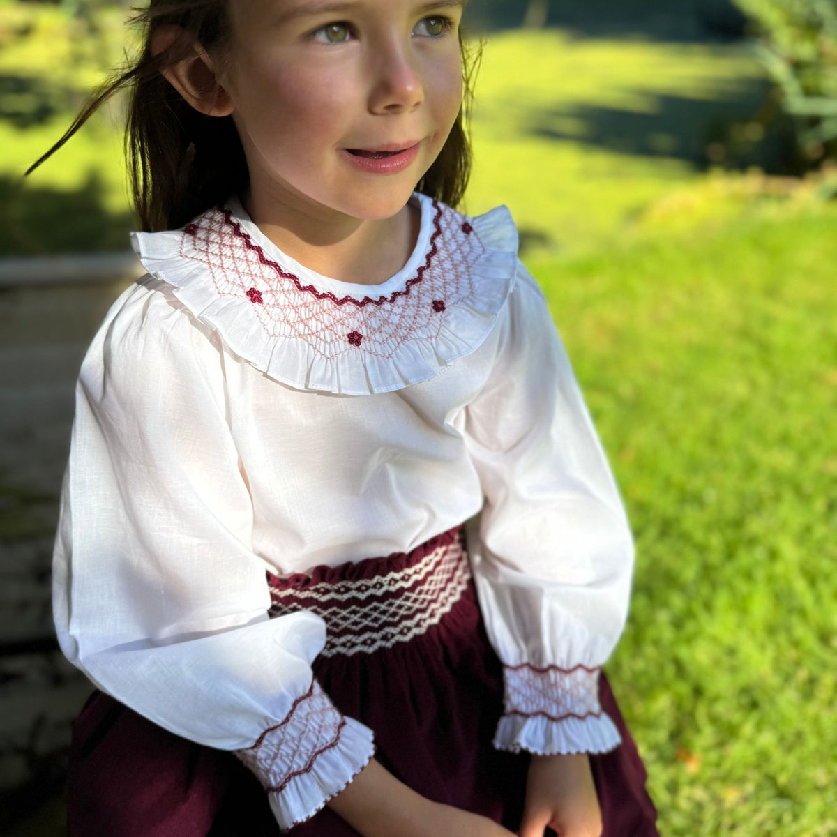 2-3 & 8-10y Annie Sullivan Skirt Mulberry Needlecord with Heather Haze Hand Smocking