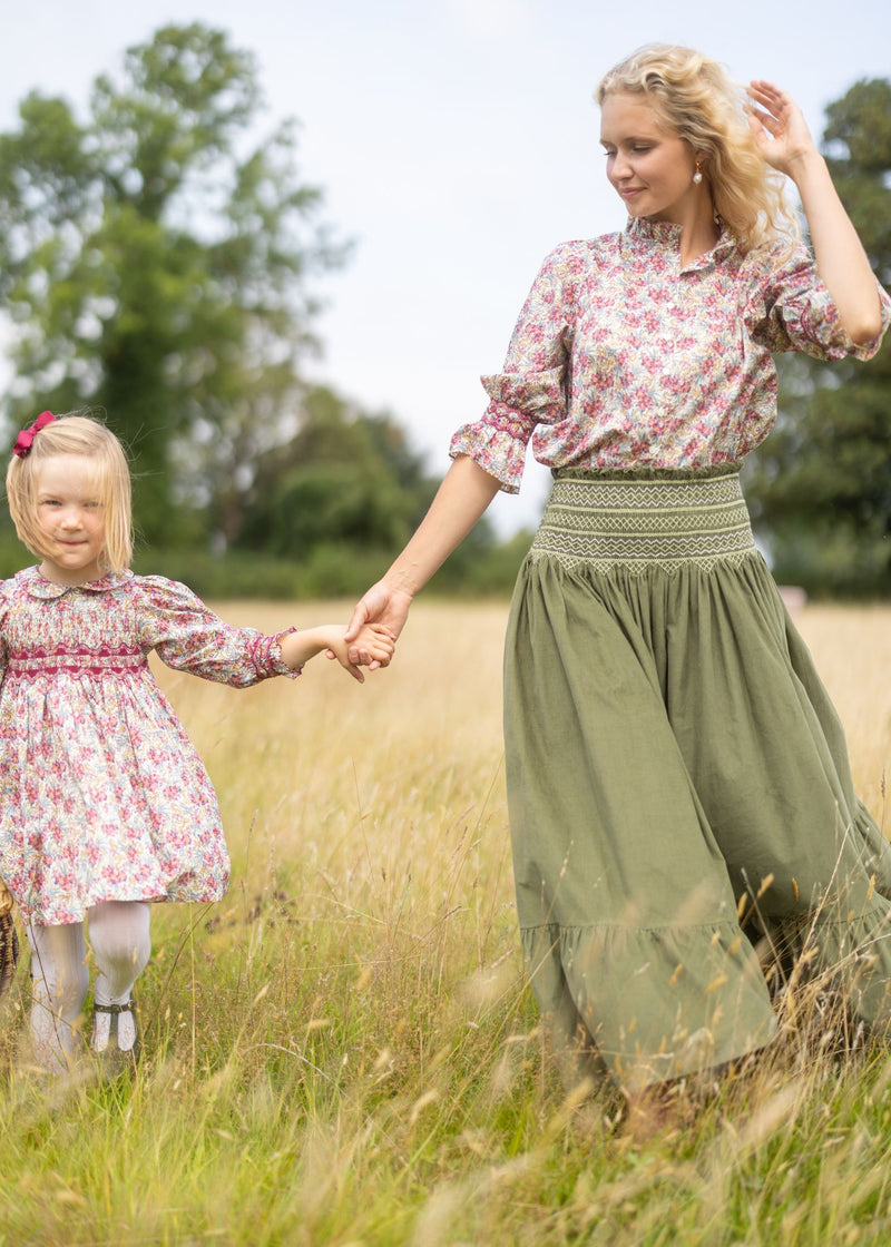 1-2y Antoinette Dress with Copper Beech Hand Smocking Made With Liberty Swirling petals