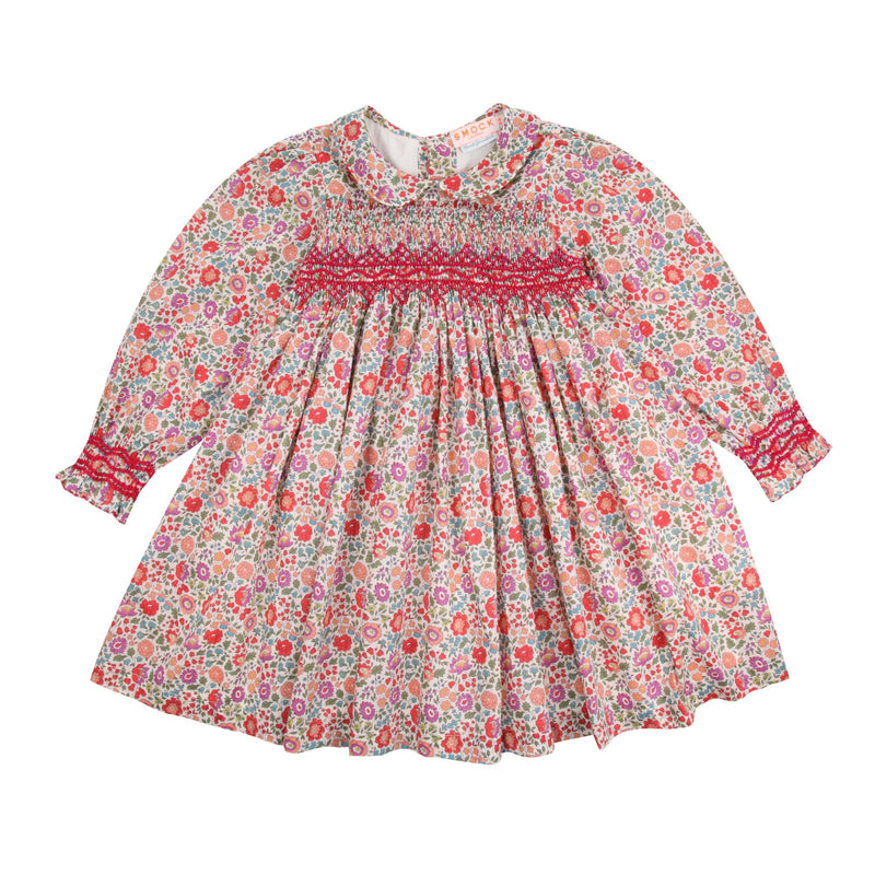 Antoinette Dress with Cranberry Hand Smocking made with Liberty D'anjo Fabric