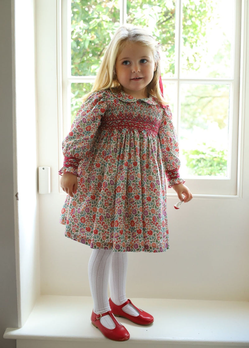 Antoinette Dress with Cranberry Hand Smocking made with Liberty D'anjo Fabric