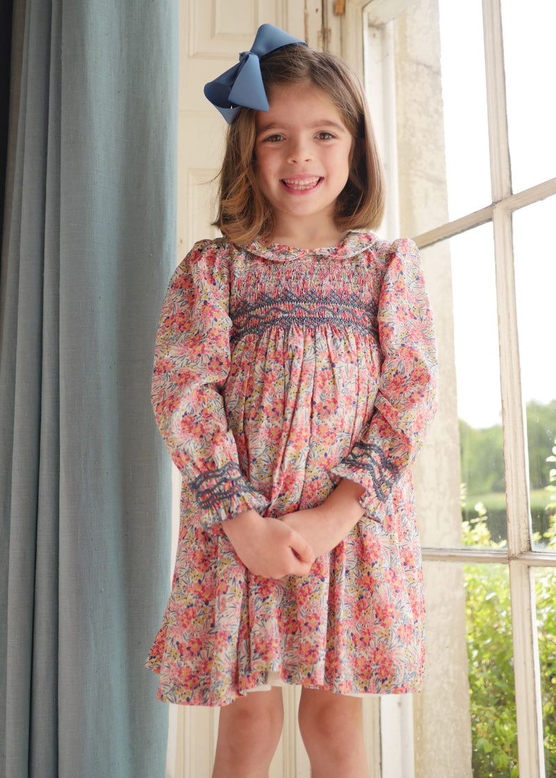 Antoinette Dress with Swedish Blue Hand Smocking made with Liberty Swirling Petals Fabric