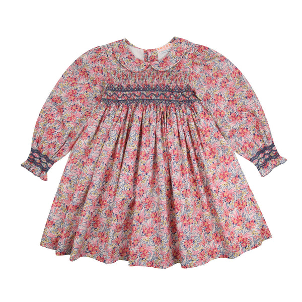 Antoinette Dress with Swedish Blue Hand Smocking made with Liberty Swirling Petals Fabric