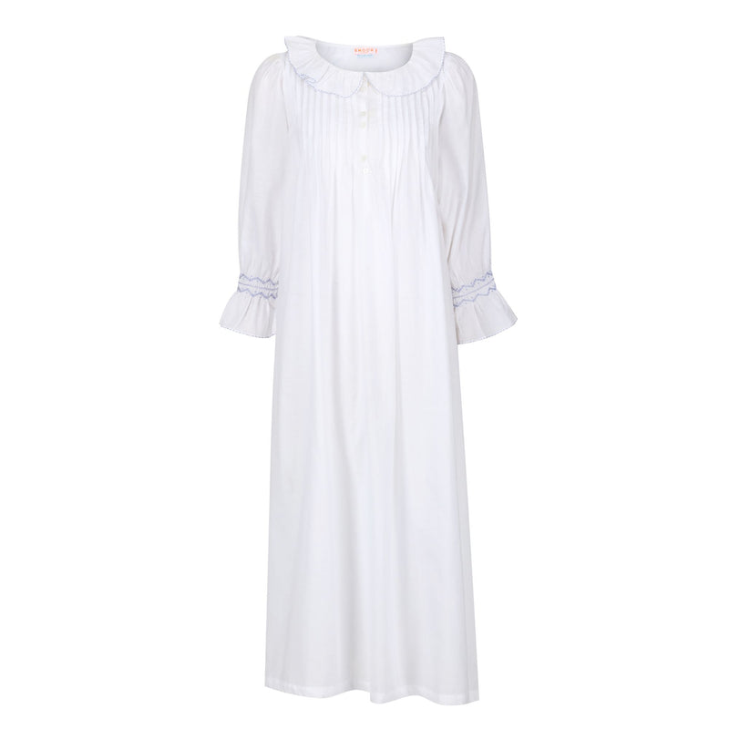 Bessie Coleman Women's Dress Moonstone Cotton with Cornflower Hand Smocking