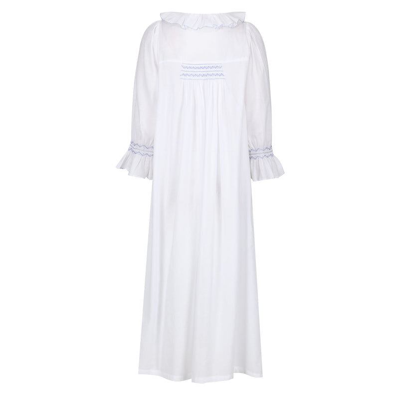 Bessie Coleman Women's Dress Moonstone Cotton with Cornflower Hand Smocking