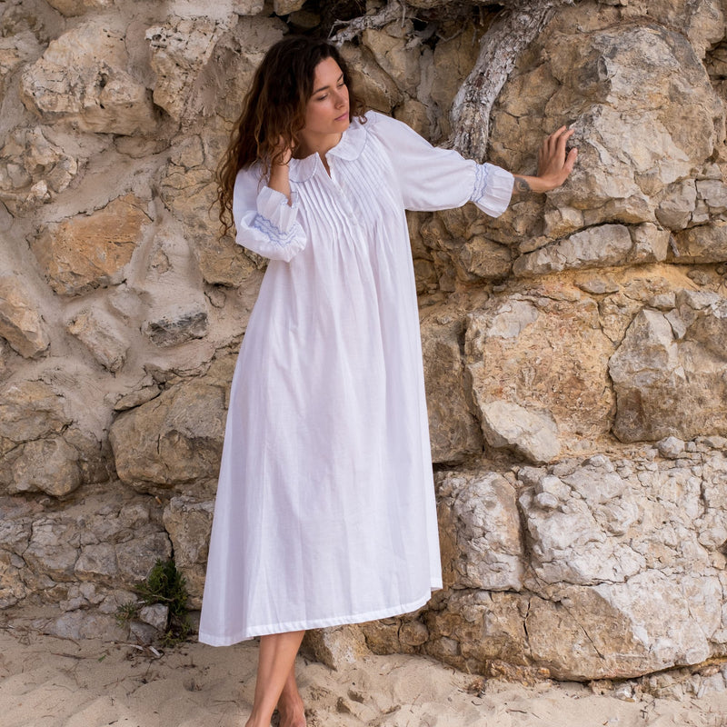 Bessie Coleman Women's Dress Moonstone Cotton with Cornflower Hand Smocking