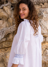 Bessie Coleman Women's Dress Moonstone Cotton with Cornflower Hand Smocking