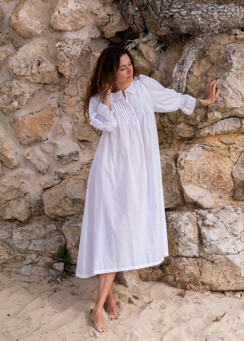 Bessie Coleman Women's Dress Moonstone Cotton with Cornflower Hand Smocking