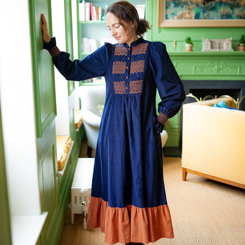 Billie Holiday Dress Swallowtail Needlecord with Burnt Sugar Hand Smocking