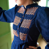 Billie Holiday Dress Swallowtail Needlecord with Burnt Sugar Hand Smocking