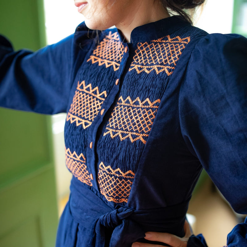 Billie Holiday Dress Swallowtail Needlecord with Burnt Sugar Hand Smocking