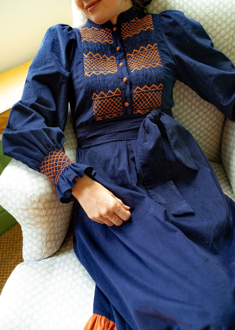 Billie Holiday Dress Swallowtail Needlecord with Burnt Sugar Hand Smocking