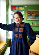 Billie Holiday Dress Swallowtail Needlecord with Burnt Sugar Hand Smocking