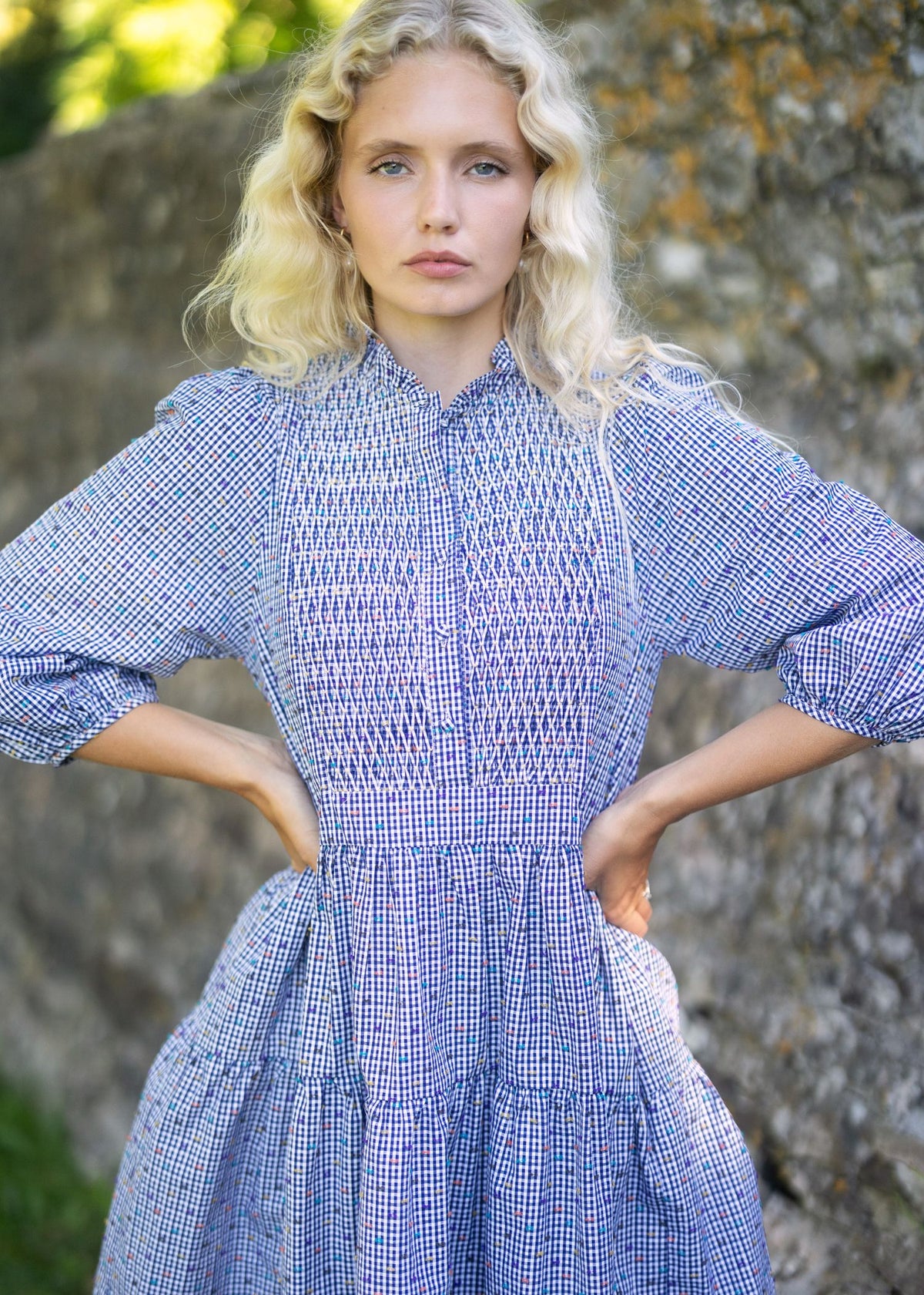 Small Billie Holiday Dress Confetti Plumetti Gingham with Smarties Honeycomb Hand Smocking