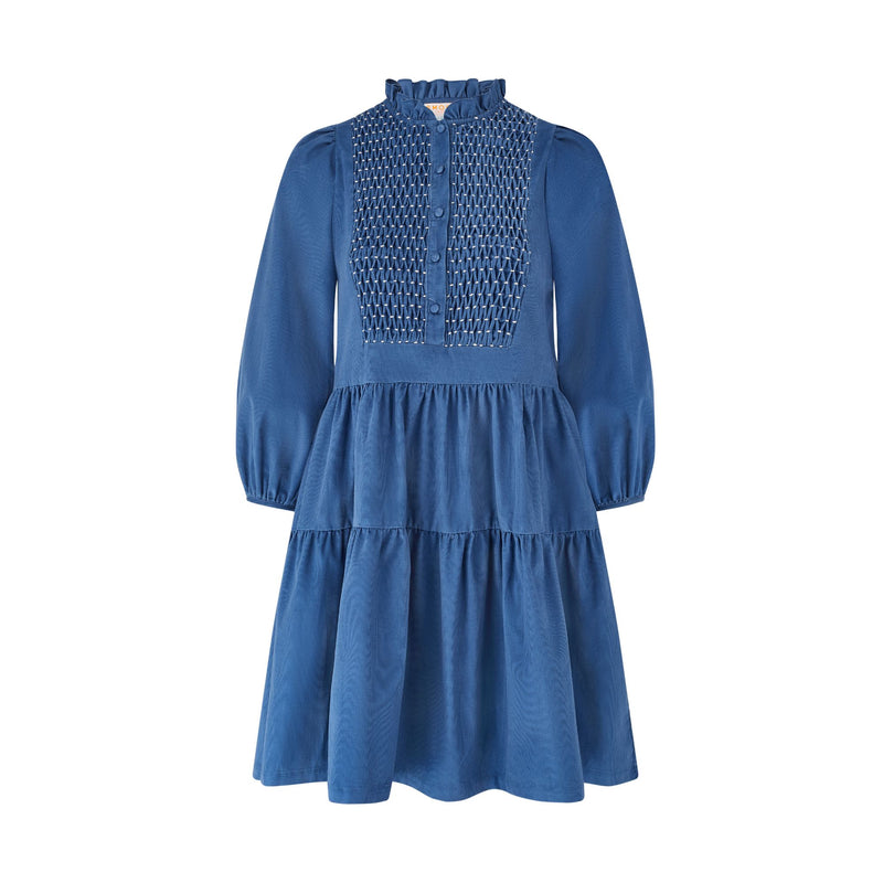 Billie Holiday Short Dress Cornflower Needlecord with Full Moon Smocking