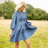 Billie Holiday Short Dress Cornflower Needlecord with Full Moon Smocking